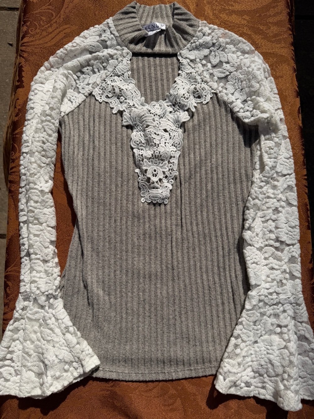 VENUS Gray Ribbed Sweater Top with White Lace Sleeves
